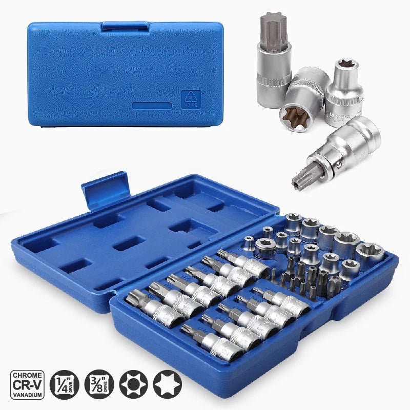34PCS E-Torx Star Sockets Bit Set Male Female E-torx Security Bits 1/4" 3/8" 1/2" Drive   Workshop Handheld Tool