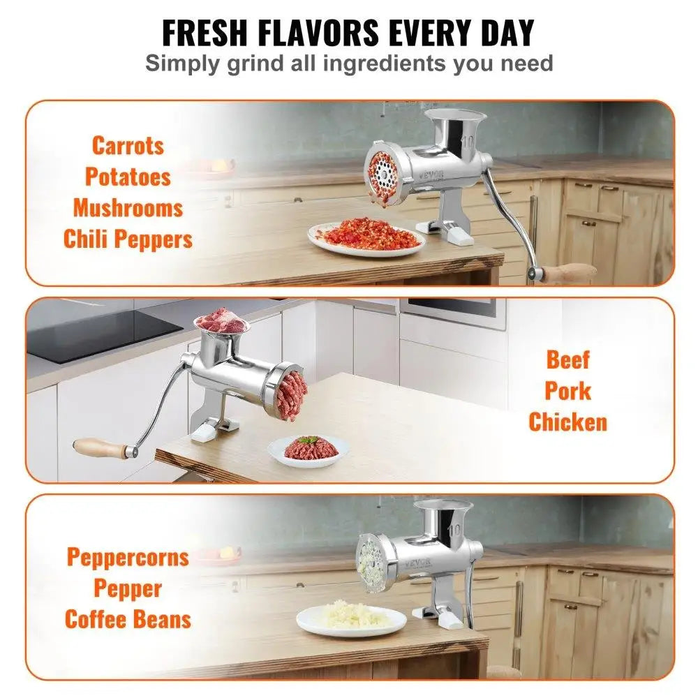Manual Stainless Steel Meat Grinder with Tabletop Clamp, 2 Plates & Sausage Stuffer for home Kitchen, Restaurant & Butcher Shop