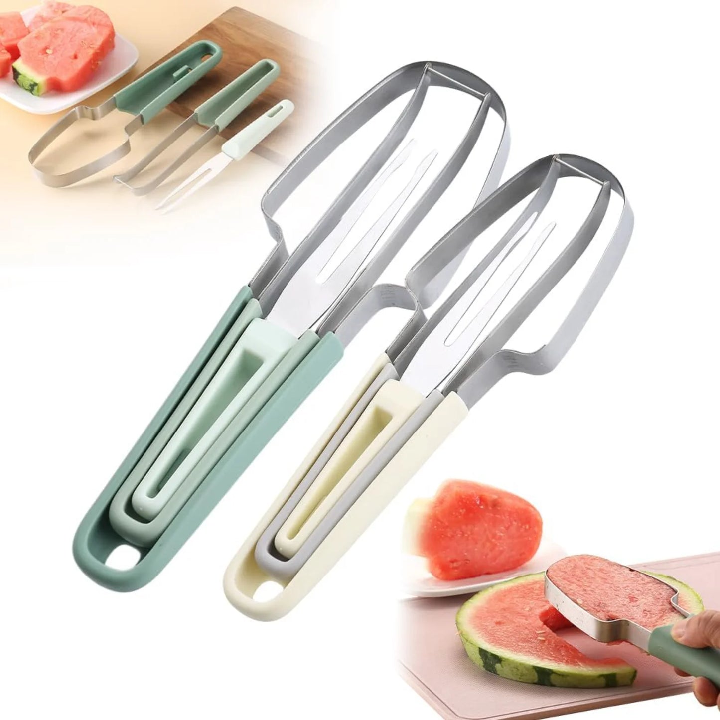 2024 New  in 1 Stainless Steel Watermelon Popsicle , Watermelon Fork  Slicer Tool Melon   Portability Fruit Fork Kitchen Gadgets
