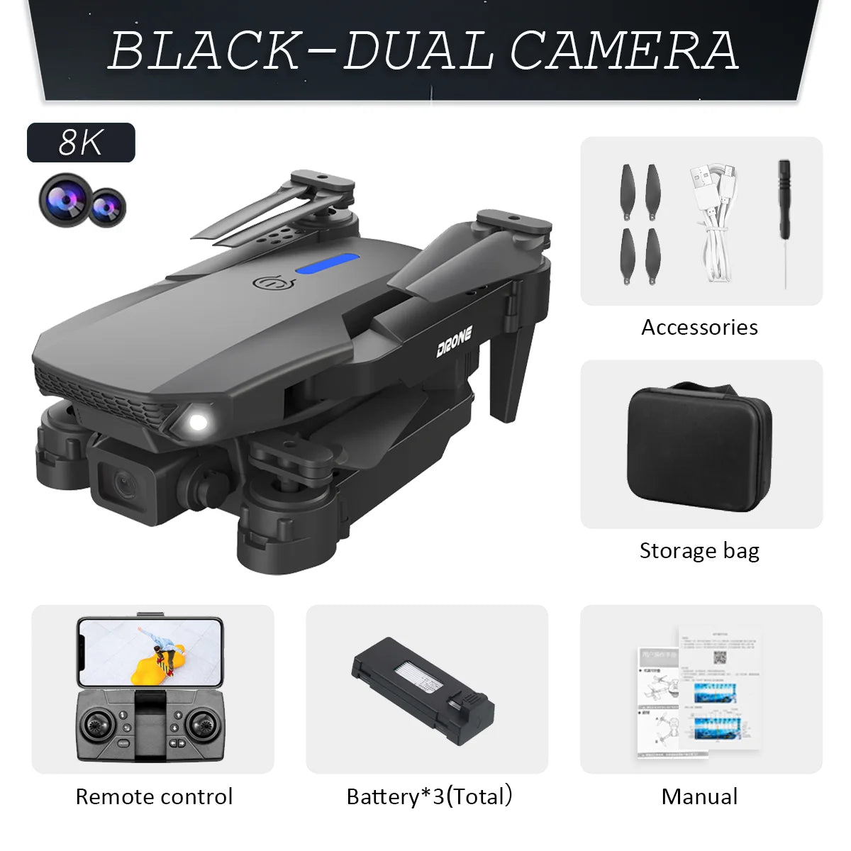 Professional Drone E88 8K Wide-Angle HD 1080P Camera WiFi FPV Height Hold Foldable RC Drone Quadrotor Helicopter Children's Toys