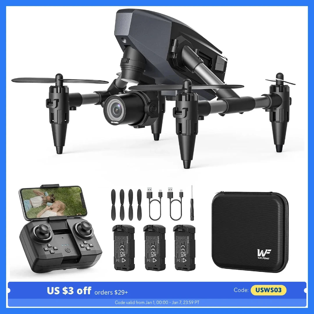 WeFone WF10 Mini FPV Drone 1080P, 3 Batts, 3D Flip, Easy Start, Gift，C0.