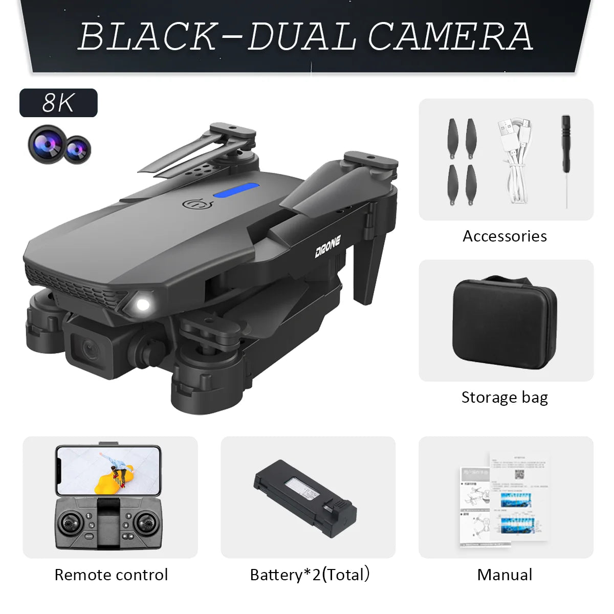 Professional Drone E88 8K Wide-Angle HD 1080P Camera WiFi FPV Height Hold Foldable RC Drone Quadrotor Helicopter Children's Toys