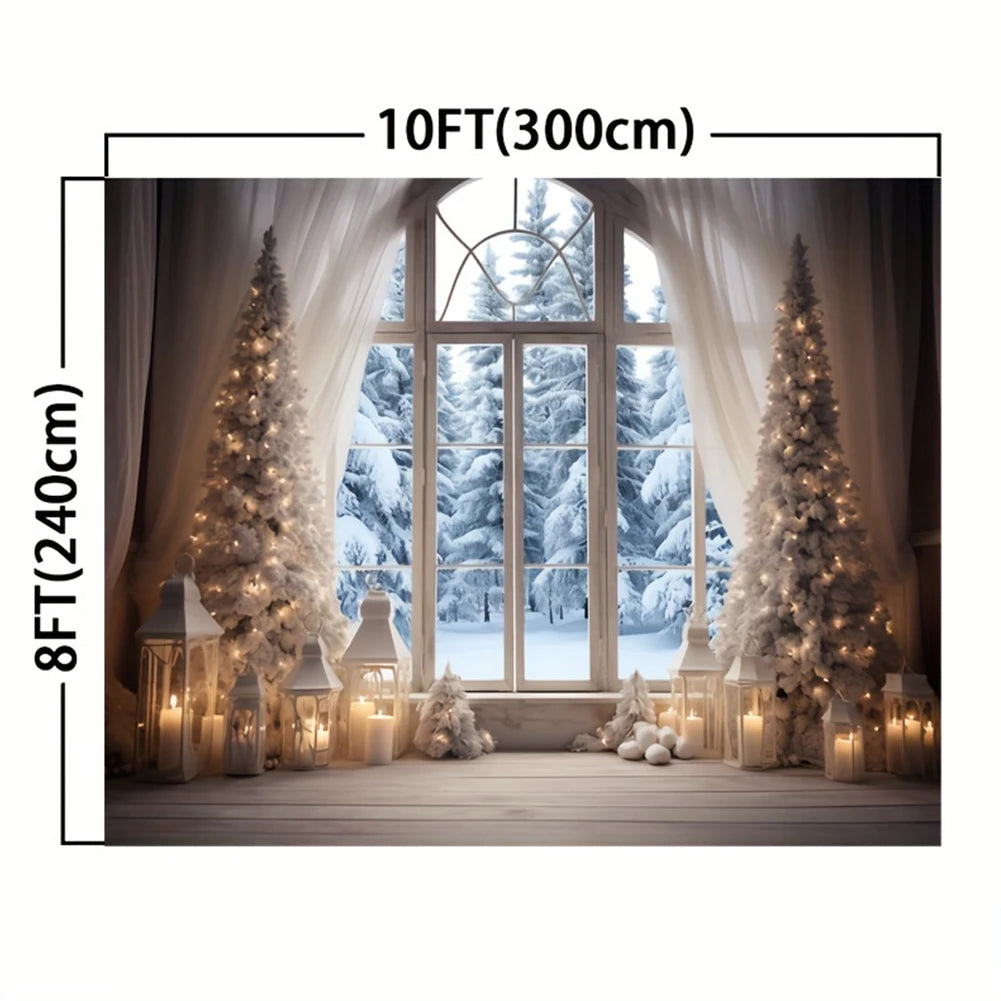 Winter Christmas Photography Backdrop  10x8FT Kid Family Party Portrait Snow Windows Scene Xmas Tree Gifts Background Banner