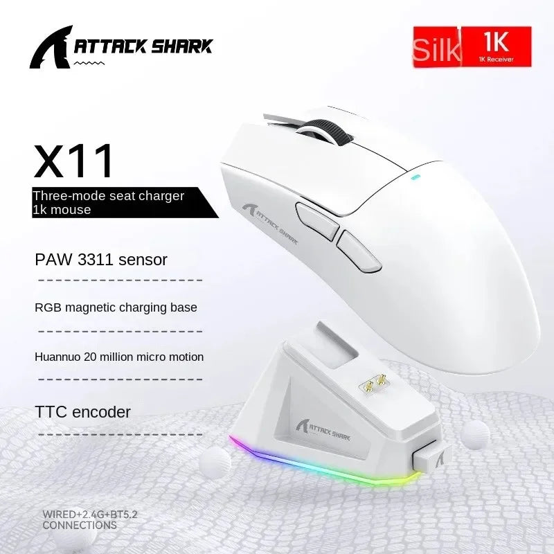 Attack Shark X11 Triple Mode Connectivity, PAW3311 Bluetooth Mouse, Touch Magnetic Charging Dock, Ultra-Light Gaming Mouse