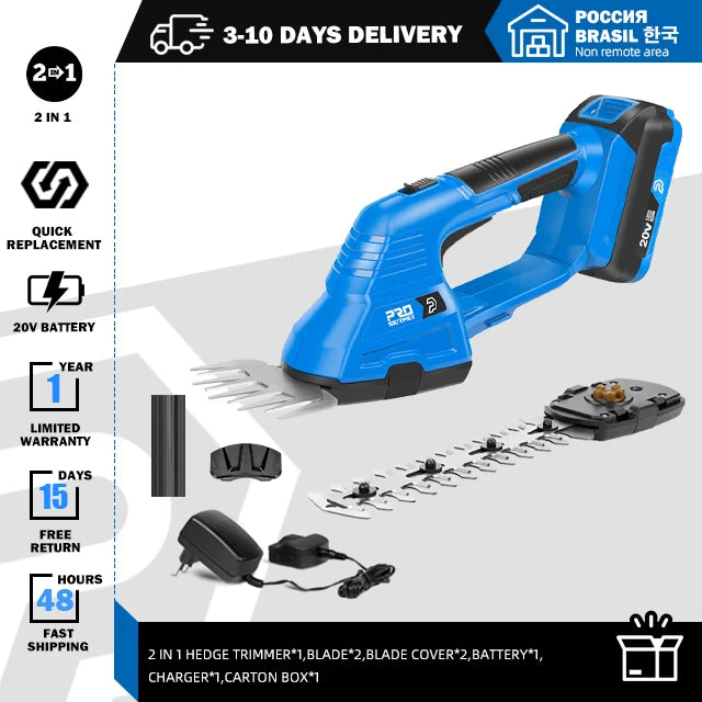 2 in 1 Electric Hedge Trimmer 20V Cordless Lawn Mower Battery Pruner Garden Tools Shears Shrub Trimmer for Grass By PROSTORMER