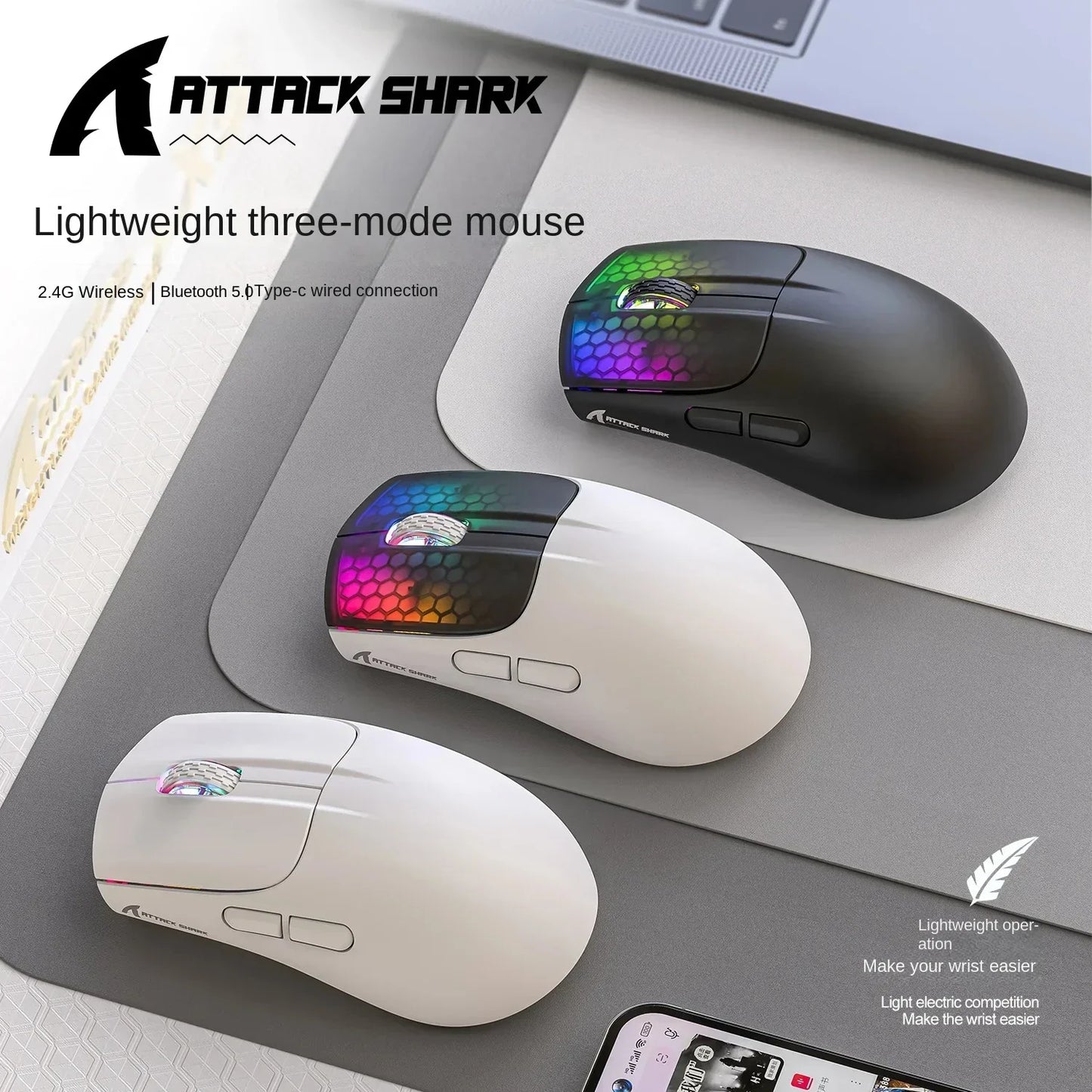 Attack Shark X5 Wireless Bluetooth Mouse 2.4G 3 Modes RGB  PAW3212 Sensor 4000DPI Optical Mouse for PC Laptop Office Gaming