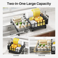 Dish Drying Rack - Extendable Dish Rack, Large Sink Drying Drainer for Kitchen Counter, Stainless Steel Dish Strainer