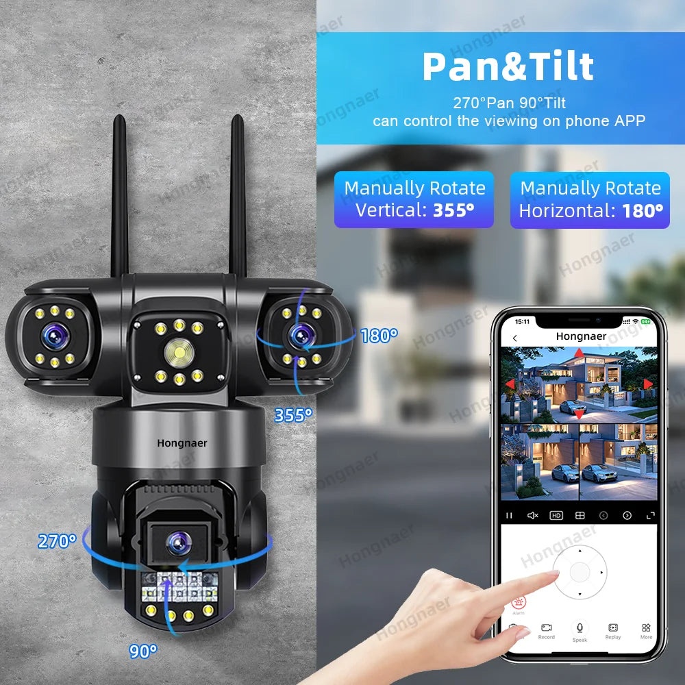 Hongnaer 12MP 6K Three Lens V380 Pro Outdoor Wireless Nigh Vision WiFi 4G Network PTZ Home CCTV 4G Sim Card WiFi Security Camera